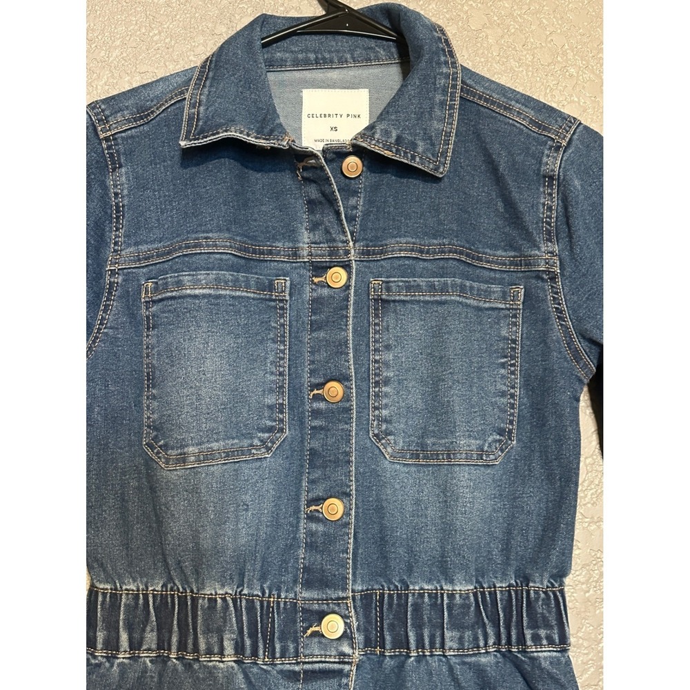 Celebrity Pink Womens Denim Straight leg Jumpsuit Dark Wash Elastic Waist XS - Picture 7 of 16